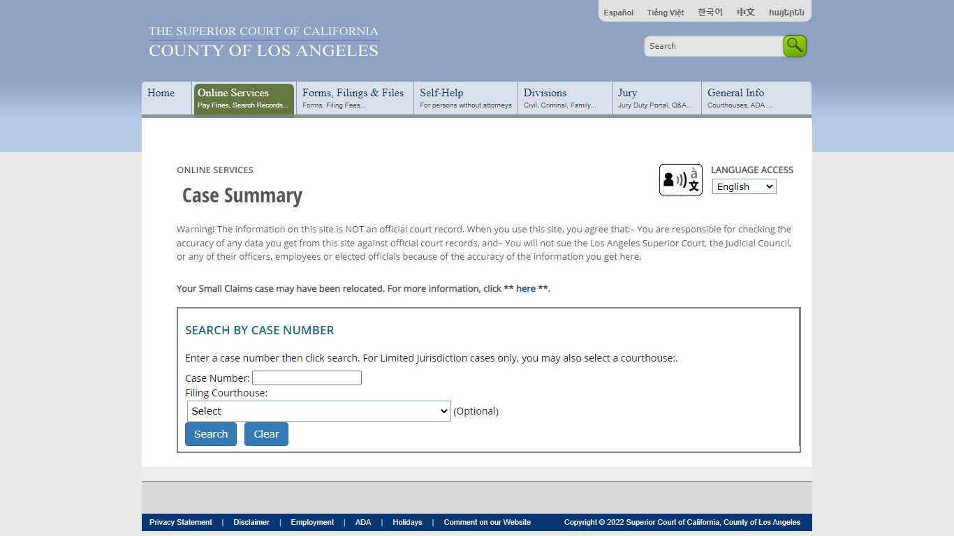 Case Summary - Online Services - LA Court